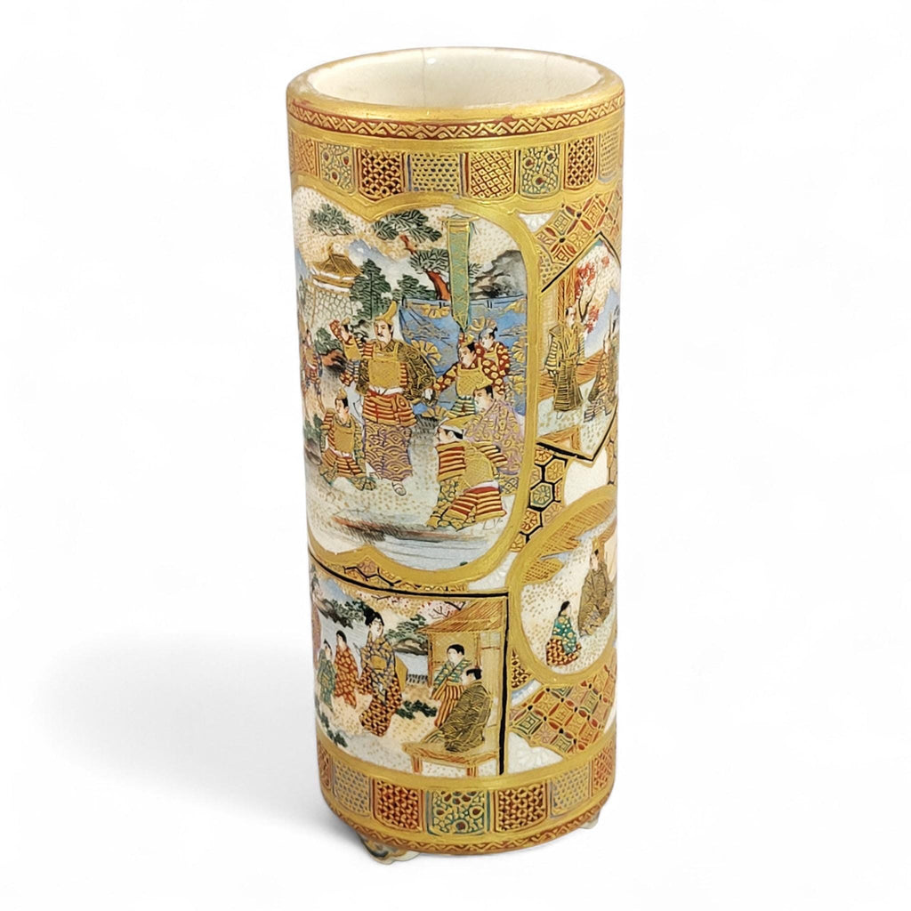 Antique Meiji Japanese Satsuma Vase with Samurai & Ladies, Cylindrical Form, Shimazu Mark