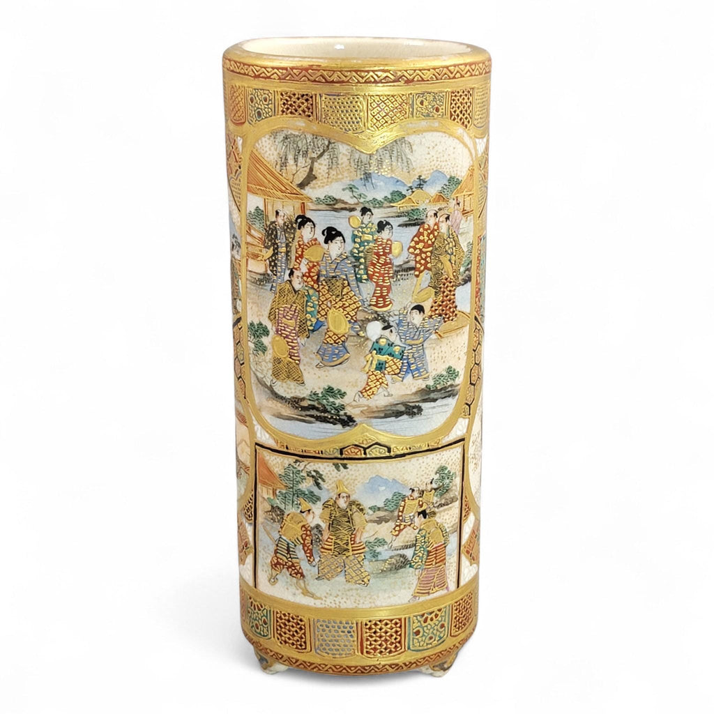 Antique Meiji Japanese Satsuma Vase with Samurai & Ladies, Cylindrical Form, Shimazu Mark