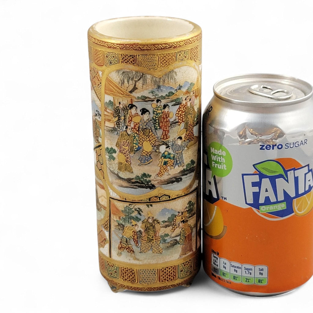 Antique Meiji Japanese Satsuma Vase with Samurai & Ladies, Cylindrical Form, Shimazu Mark