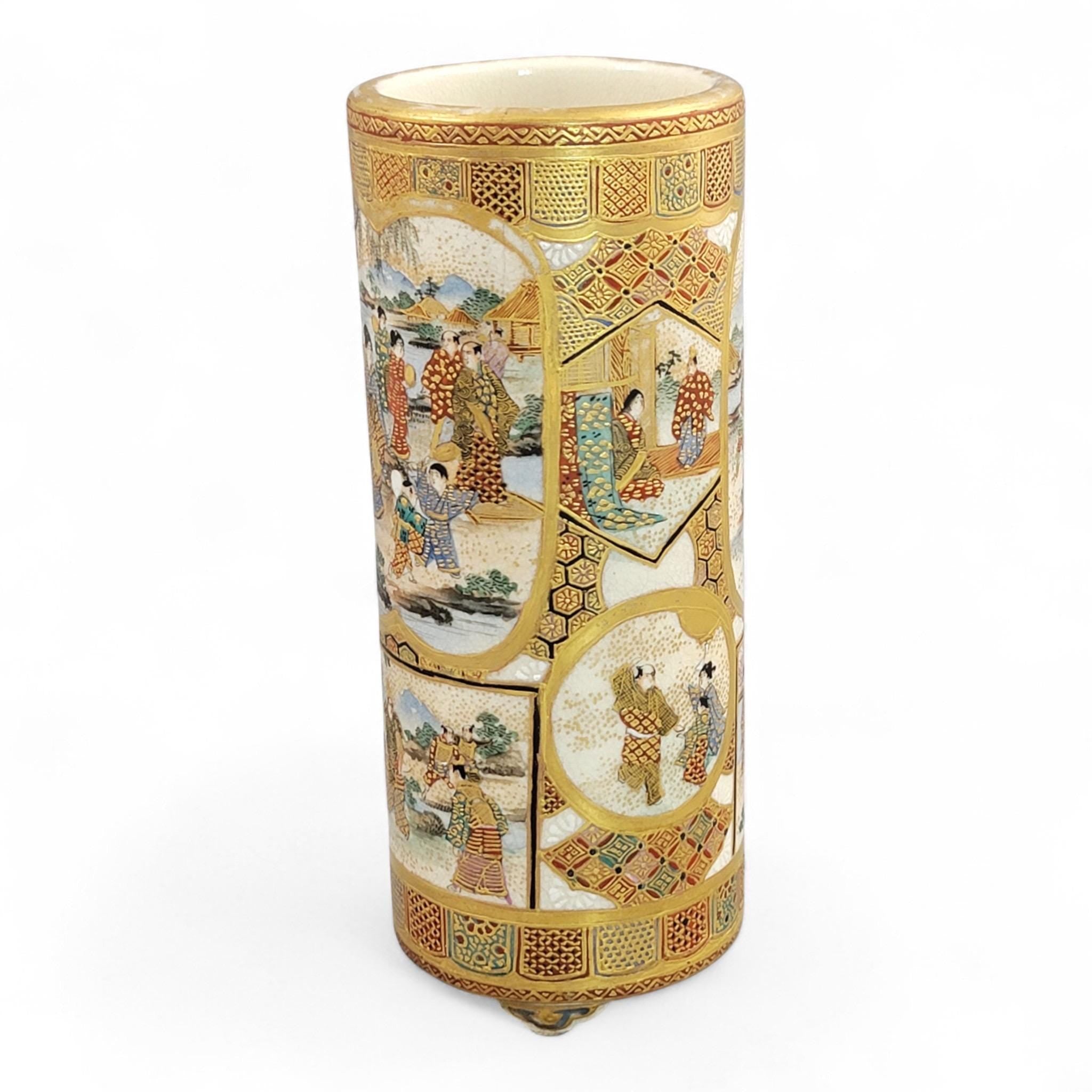Antique Meiji Japanese Satsuma Vase with Samurai & Ladies, Cylindrical Form, Shimazu Mark