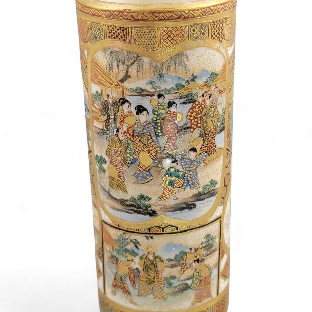 Antique Meiji Japanese Satsuma Vase with Samurai & Ladies, Cylindrical Form, Shimazu Mark