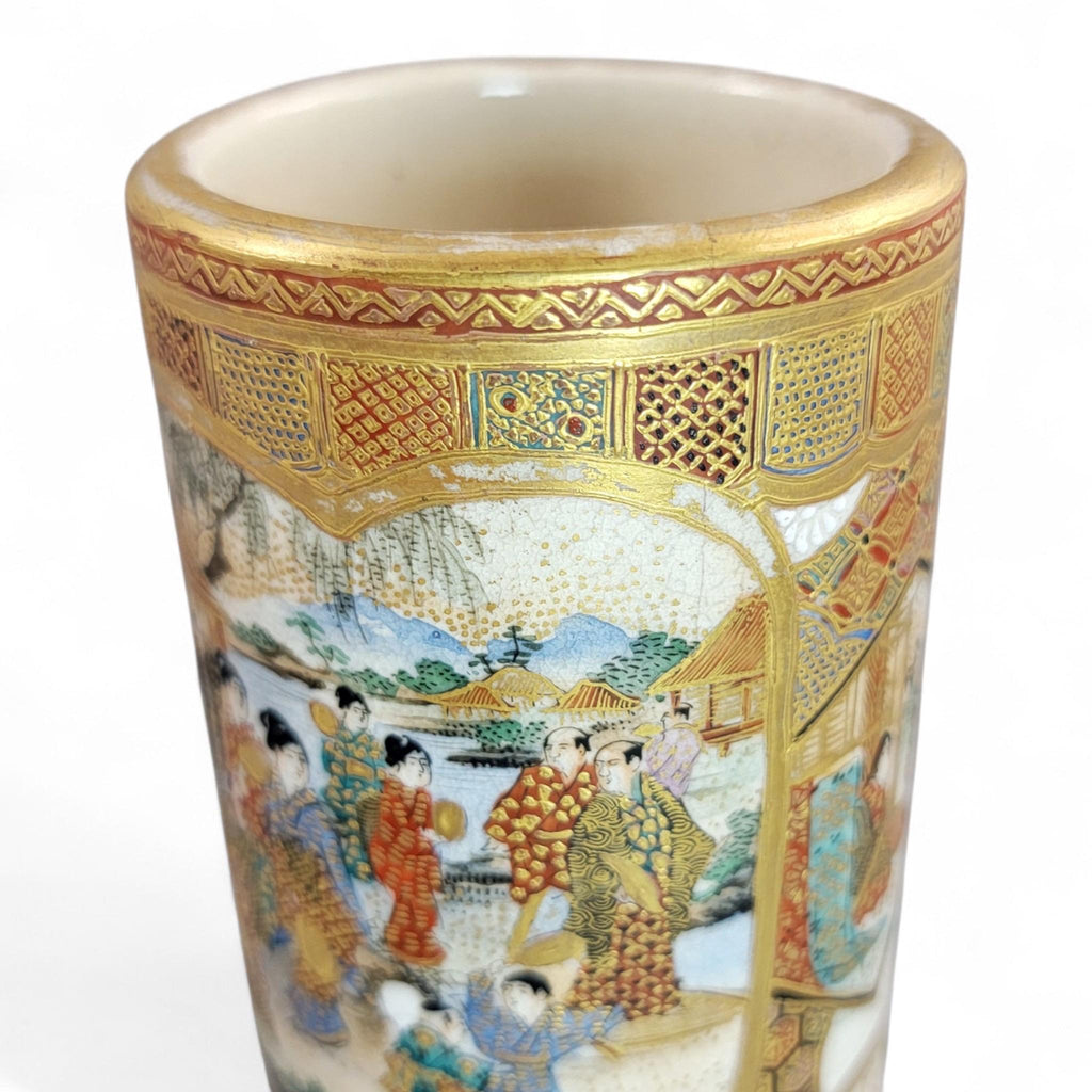 Antique Meiji Japanese Satsuma Vase with Samurai & Ladies, Cylindrical Form, Shimazu Mark