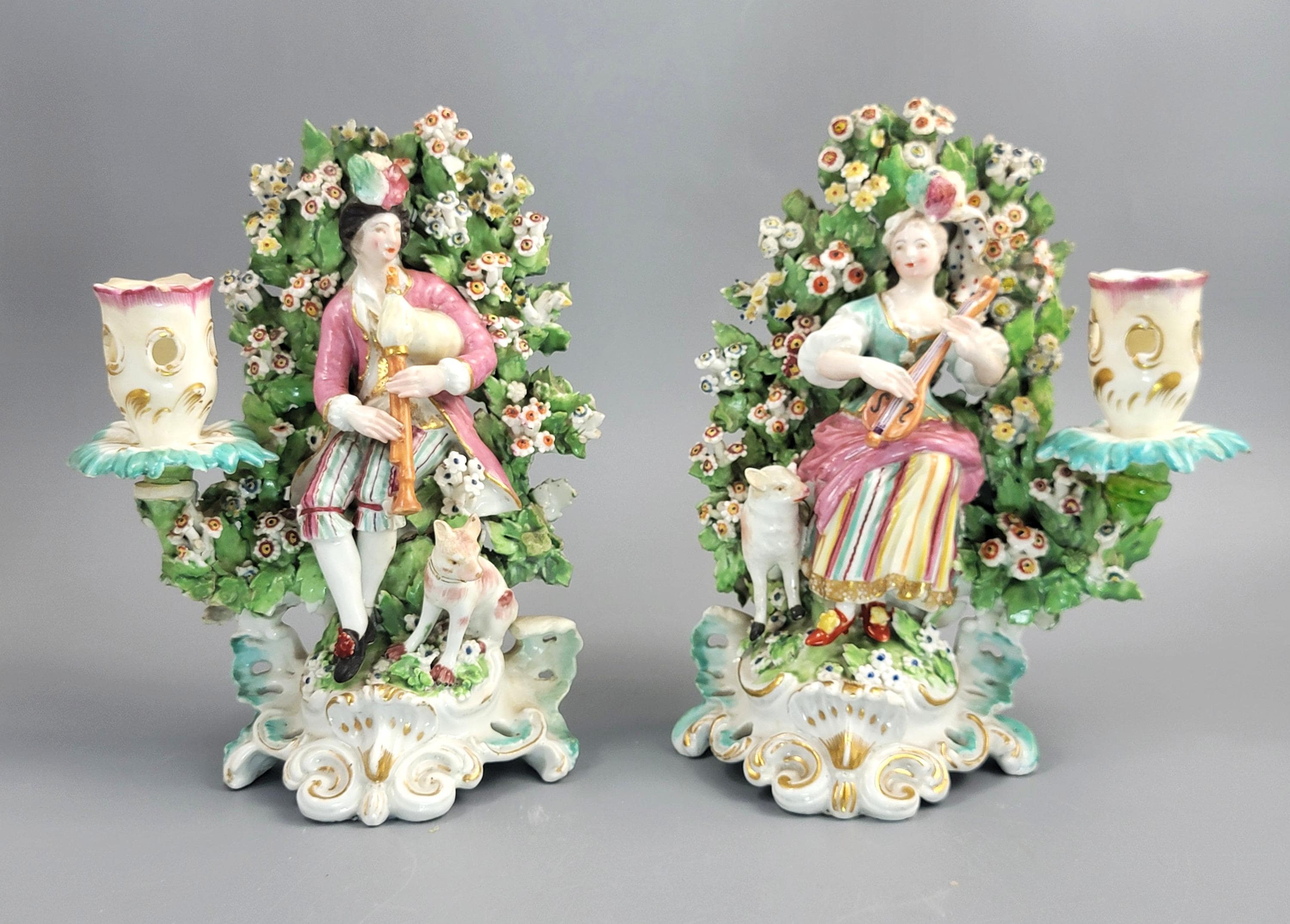 Derby Patch Mark Porcelain Musicians Candlesticks 1765-1770