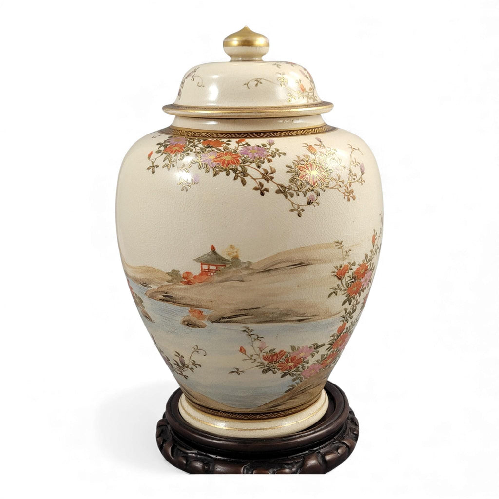 Antique Kyoto Satsuma landscape jar signed Yamashu, Meiji c.1890