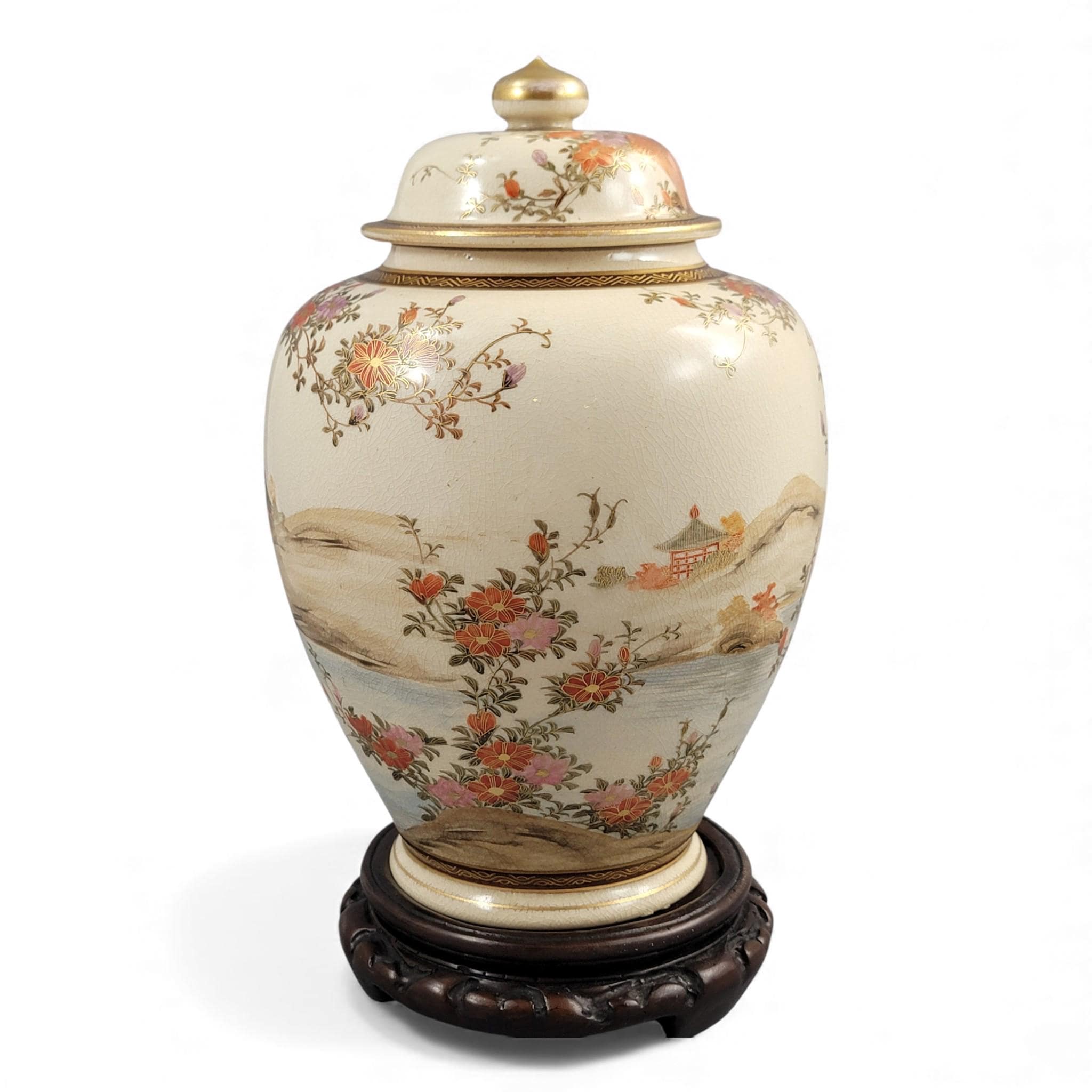 Antique Kyoto Satsuma landscape jar signed Yamashu, Meiji c.1890