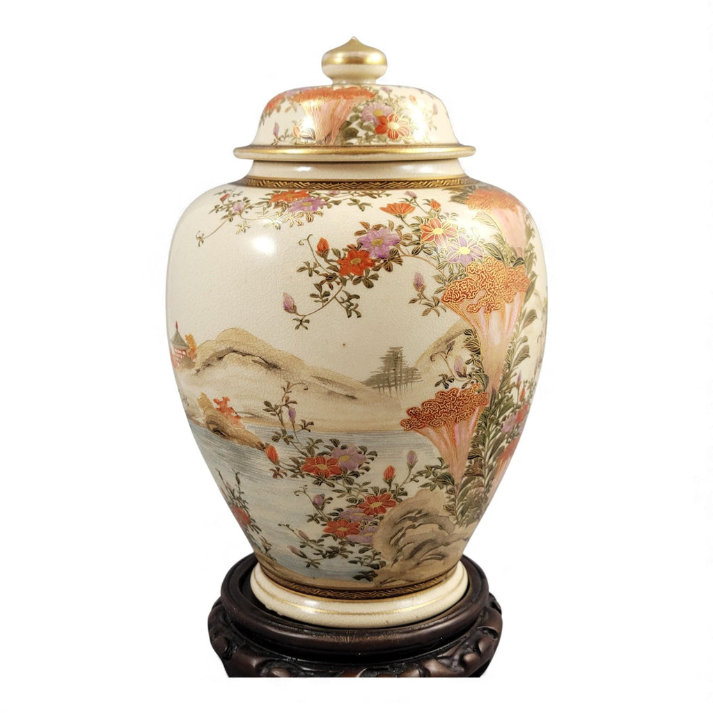 Antique Kyoto Satsuma landscape jar signed Yamashu, Meiji c.1890