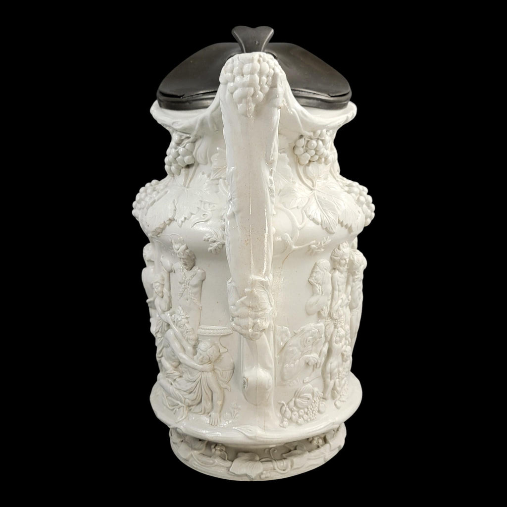 Charles Meigh Bacchanalian Dance large pitcher with pewter lid, 1844