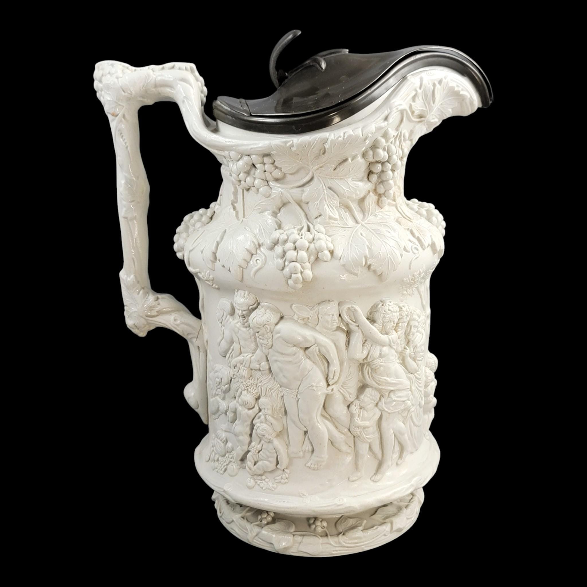 Charles Meigh Bacchanalian Dance large pitcher with pewter lid, 1844