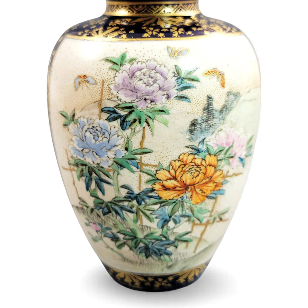 Kinkozan Kyoto Satsuma Cobalt & Gold Vase Pair Meiji Japan