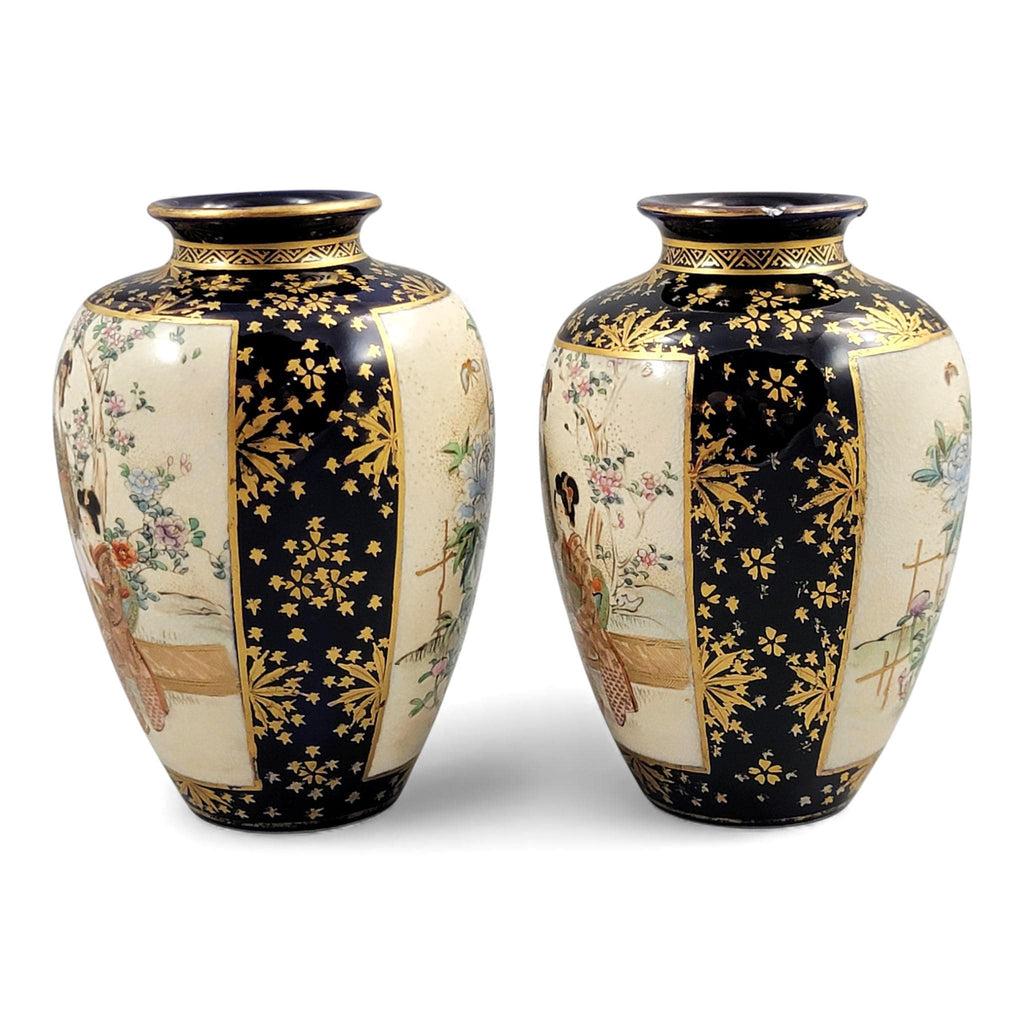 Kinkozan Kyoto Satsuma Cobalt & Gold Vase Pair Meiji Japan