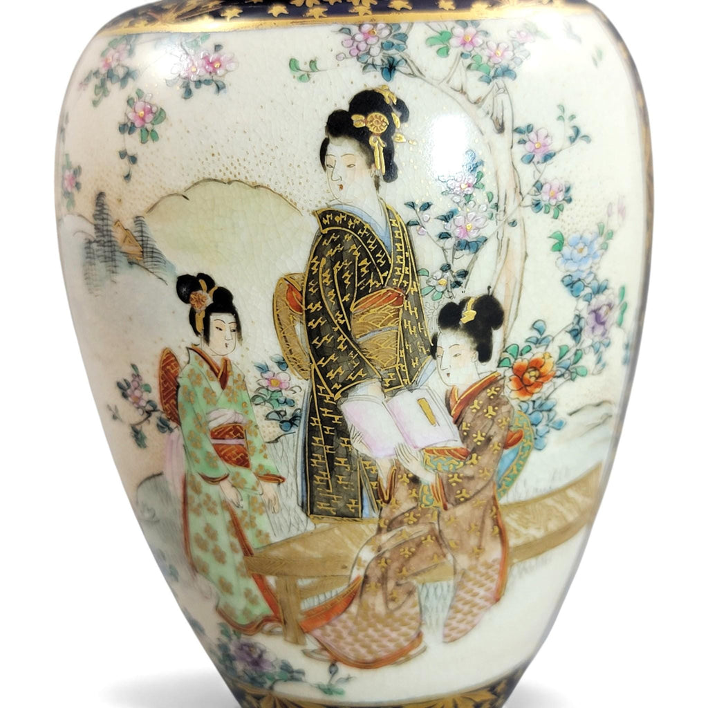 Kinkozan Kyoto Satsuma Cobalt & Gold Vase Pair Meiji Japan