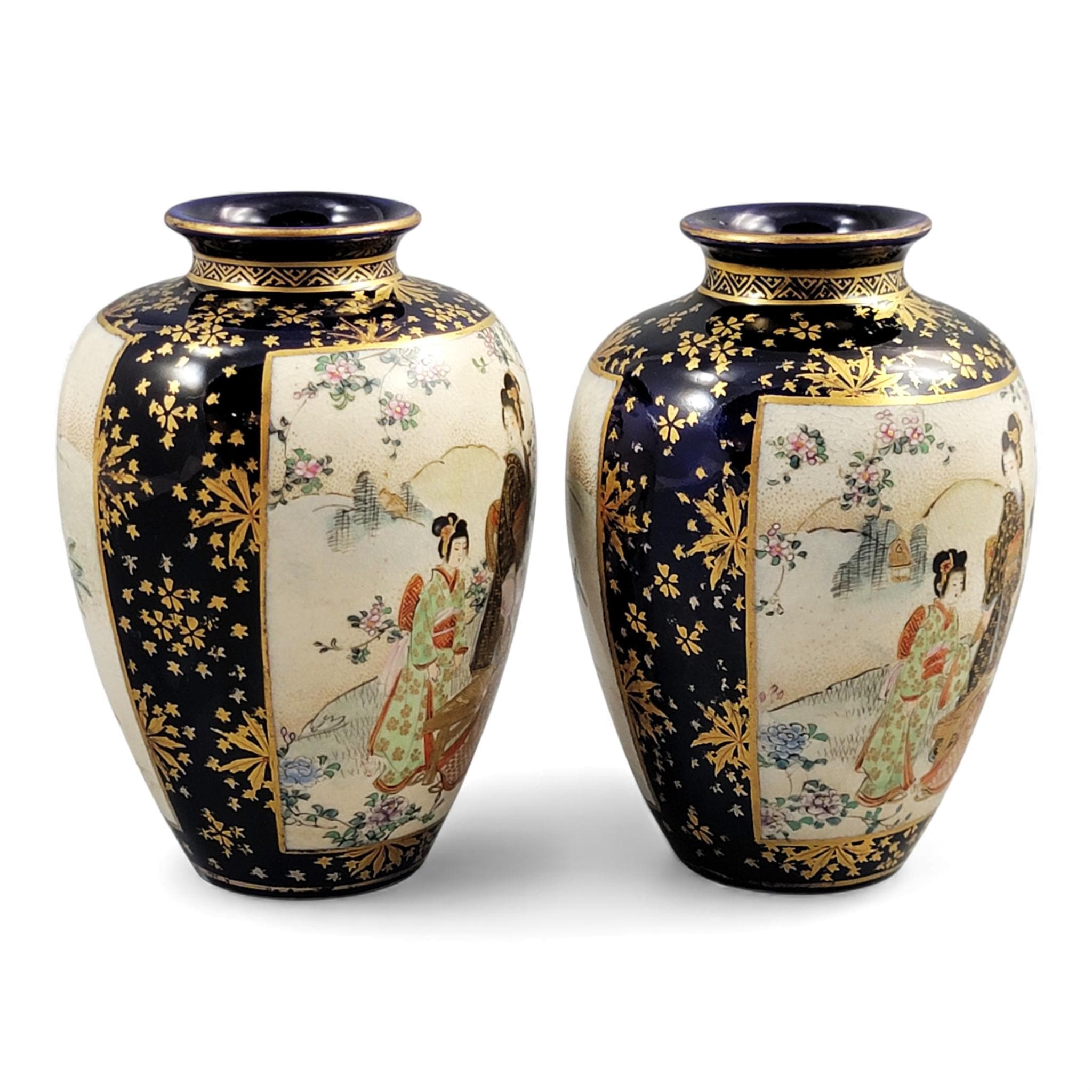 Kinkozan Kyoto Satsuma Cobalt & Gold Vase Pair Meiji Japan