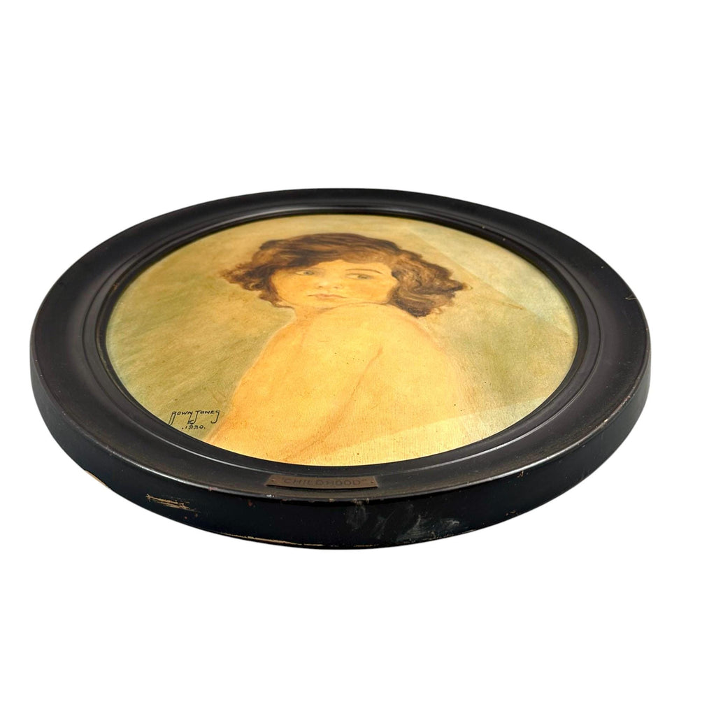 Painting “Childhood” – 1930 oil portrait by Bown Jones in oval ebonised frame