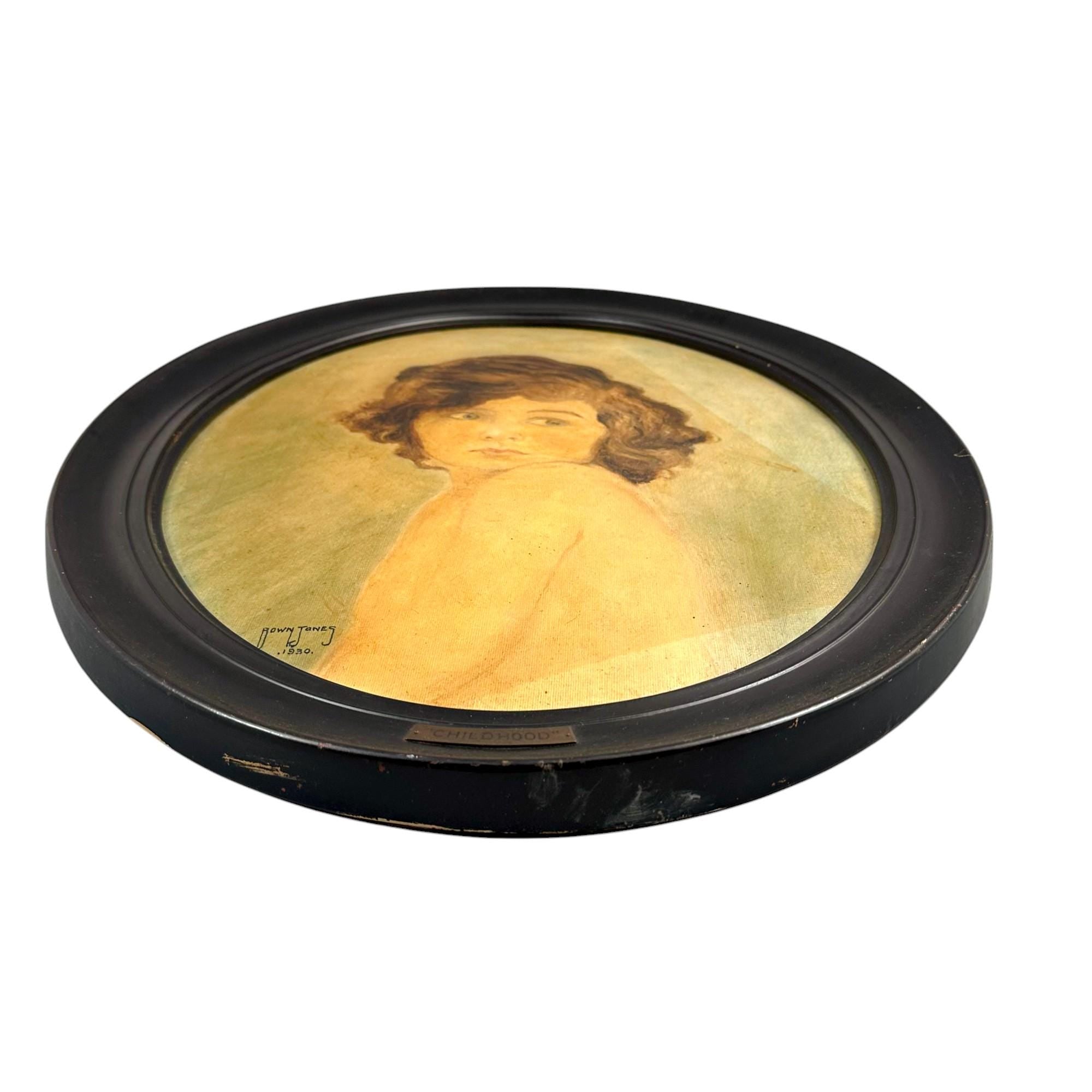 Painting “Childhood” – 1930 oil portrait by Bown Jones in oval ebonised frame