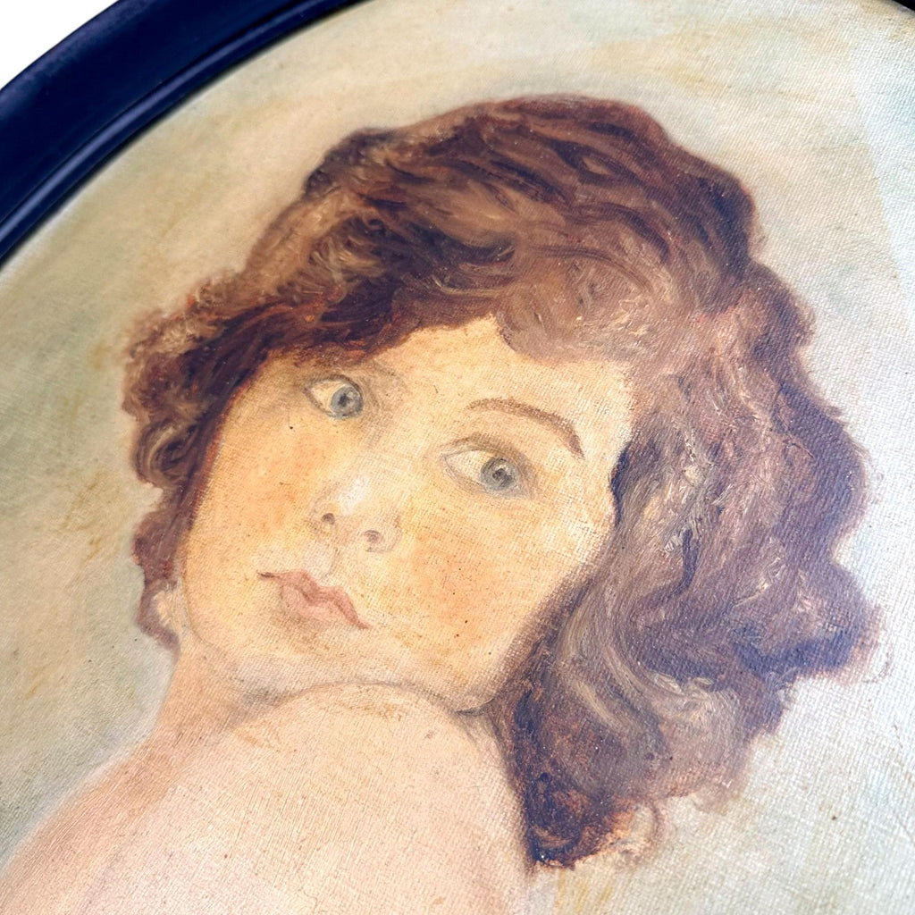 Painting “Childhood” – 1930 oil portrait by Bown Jones in oval ebonised frame