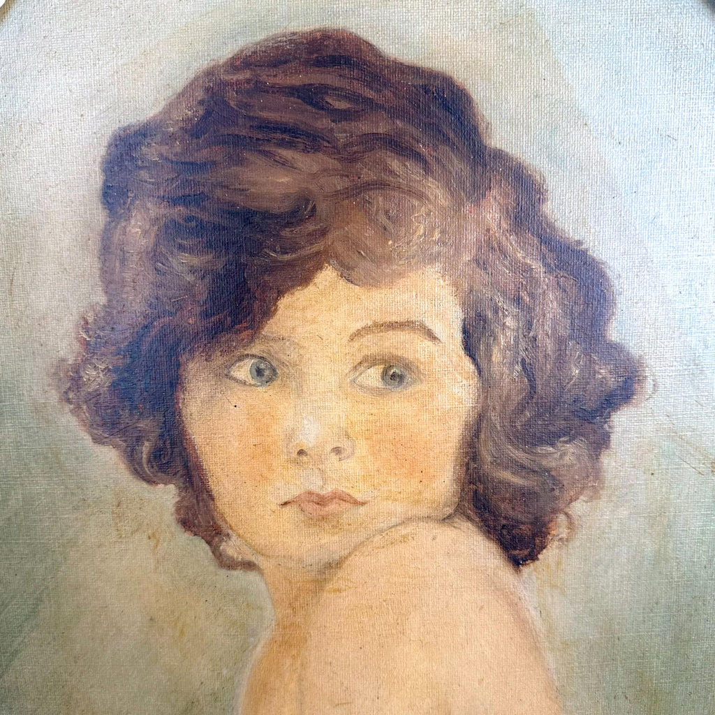 Painting “Childhood” – 1930 oil portrait by Bown Jones in oval ebonised frame