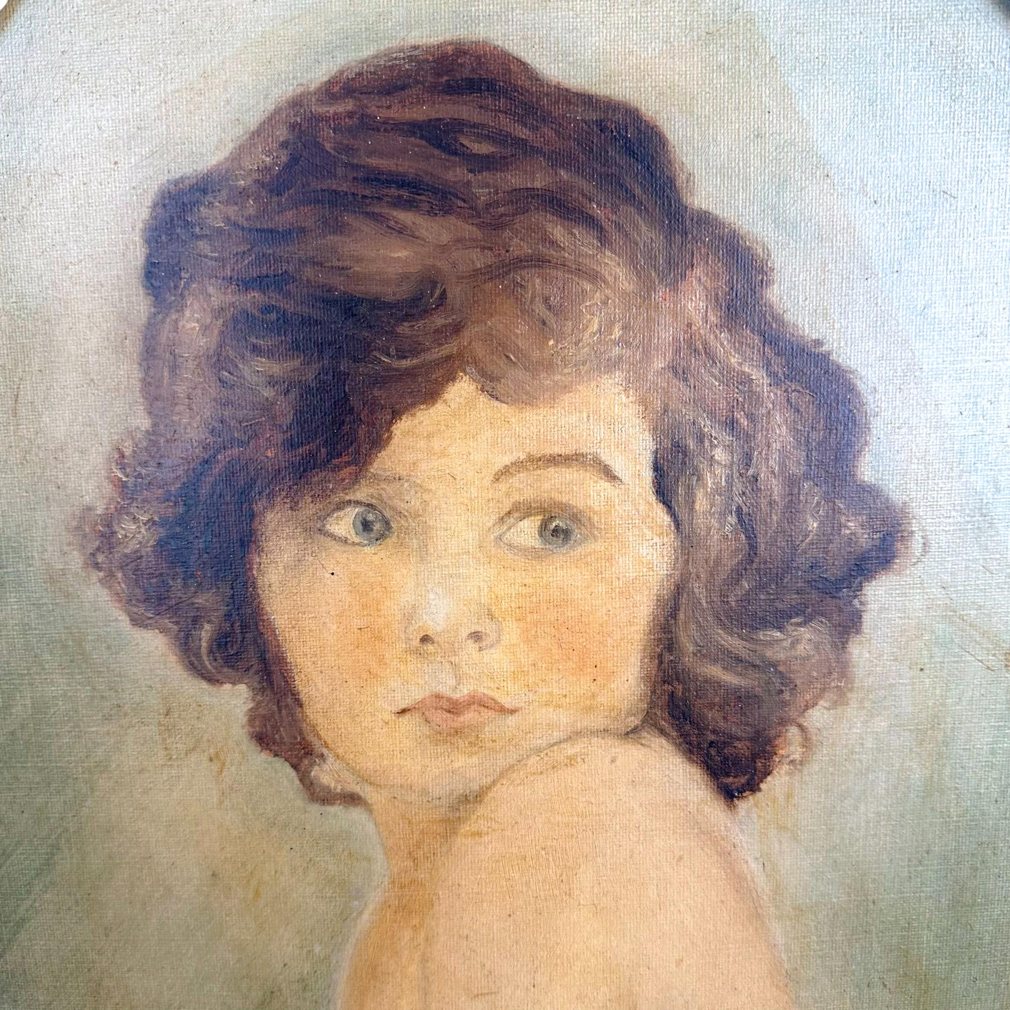 Painting “Childhood” – 1930 oil portrait by Bown Jones in oval ebonised frame