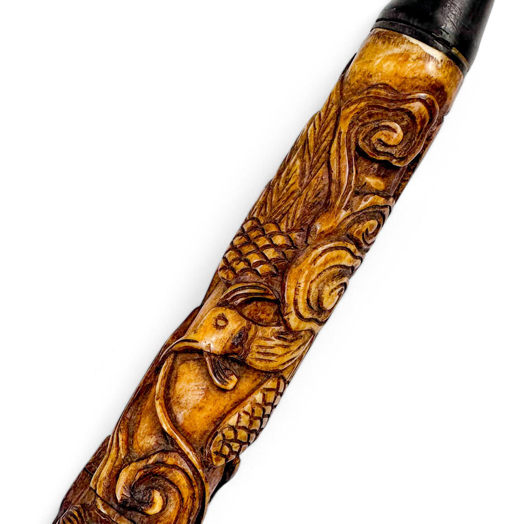 Antique Chinese carved bone ceremonial pipe with Guanyin & dragon, c.1880