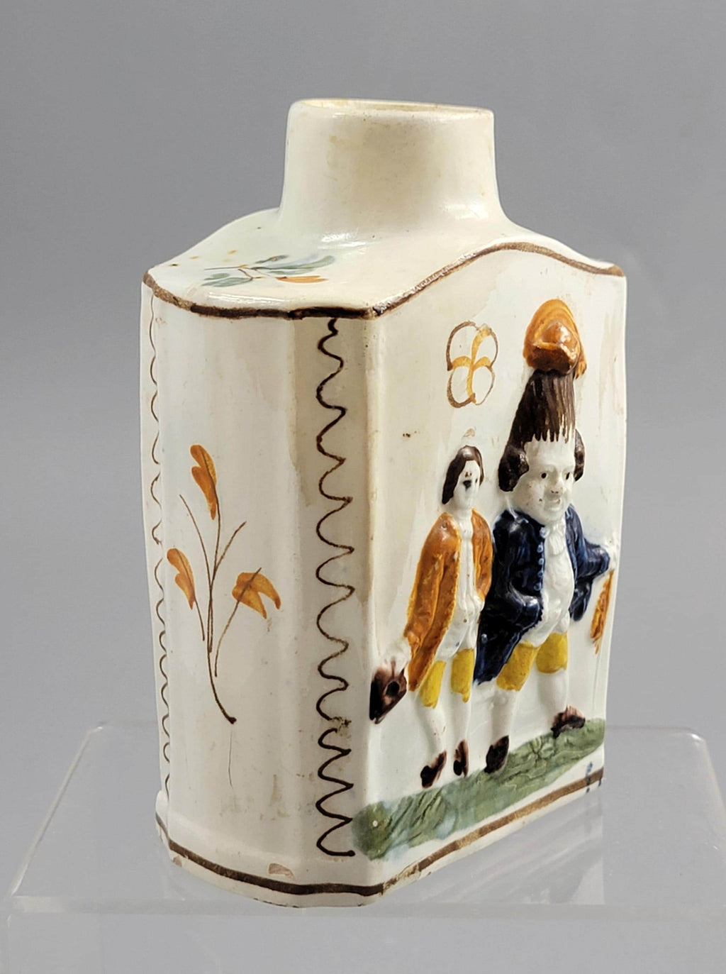 Prattware Pearlware “Macaroni” Tea Caddy, Staffordshire, c.1790–1800