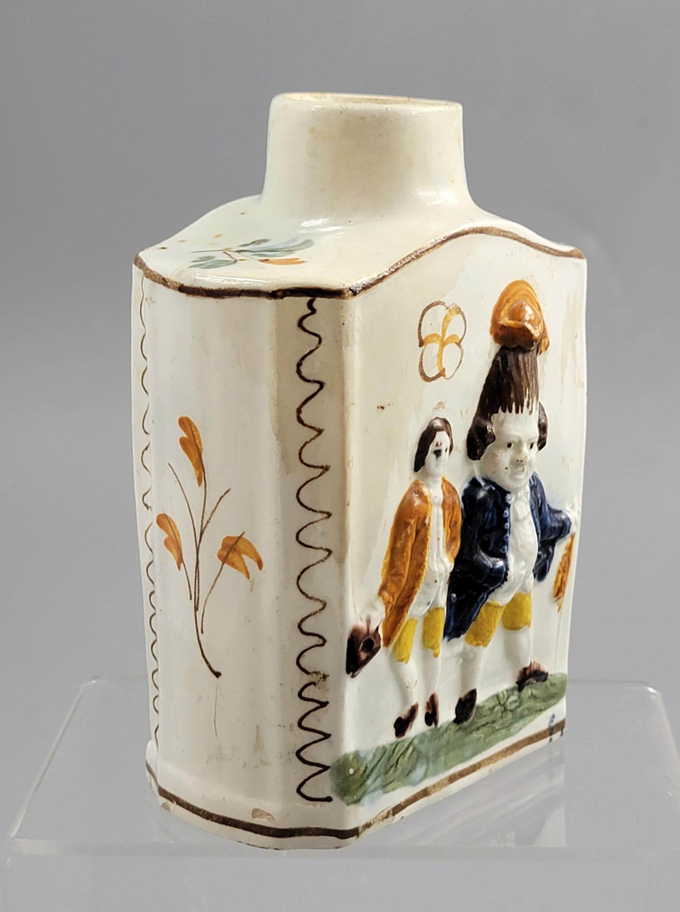Prattware Pearlware “Macaroni” Tea Caddy, Staffordshire, c.1790–1800