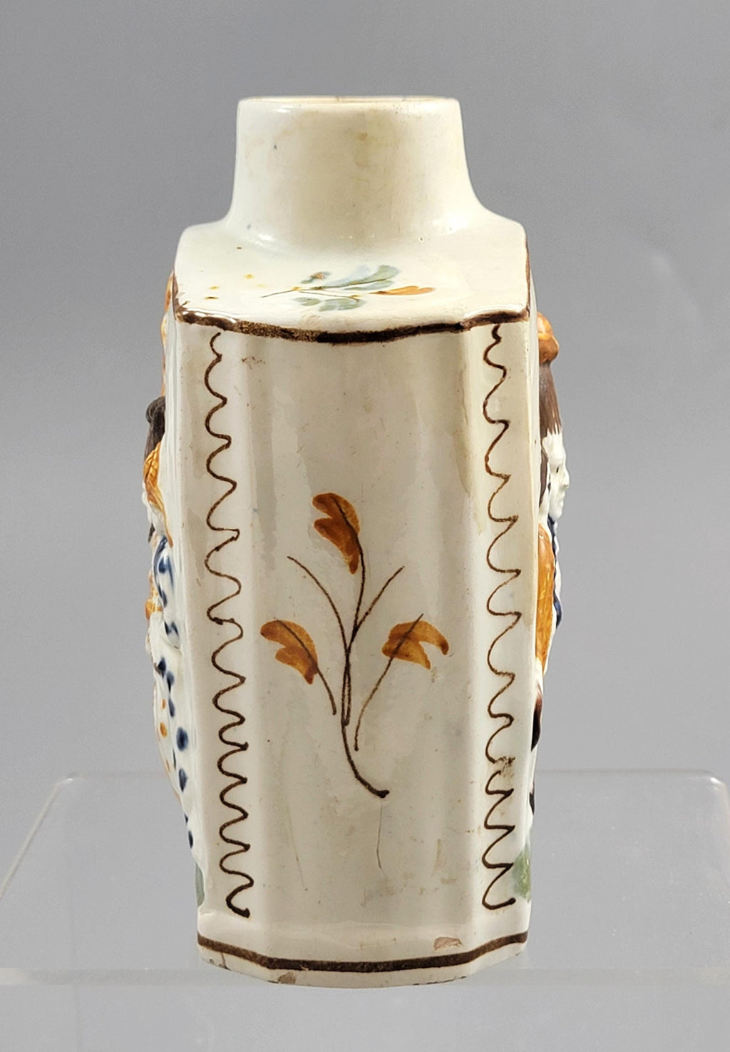 Prattware Pearlware “Macaroni” Tea Caddy, Staffordshire, c.1790–1800