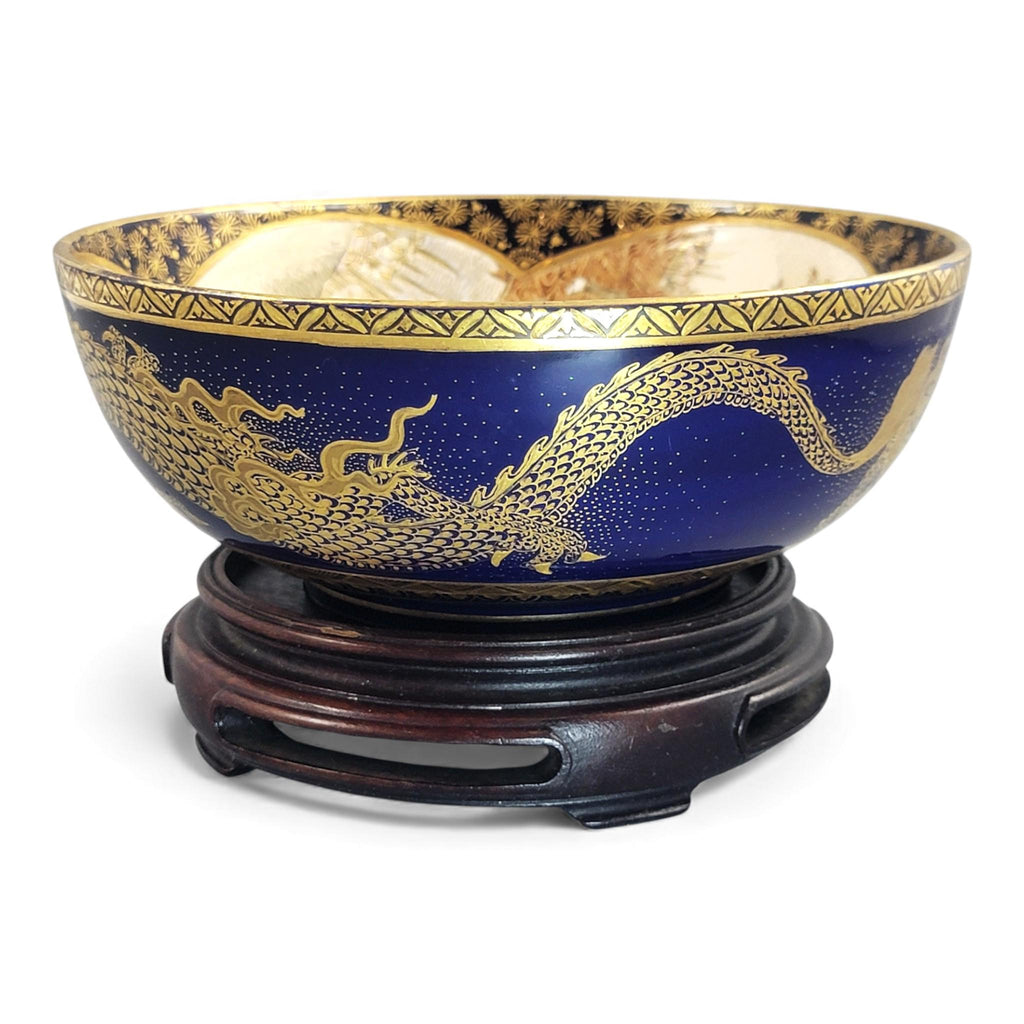 Japanese Satsuma Kyoto dragon bowl, cobalt and gilt, Meiji era