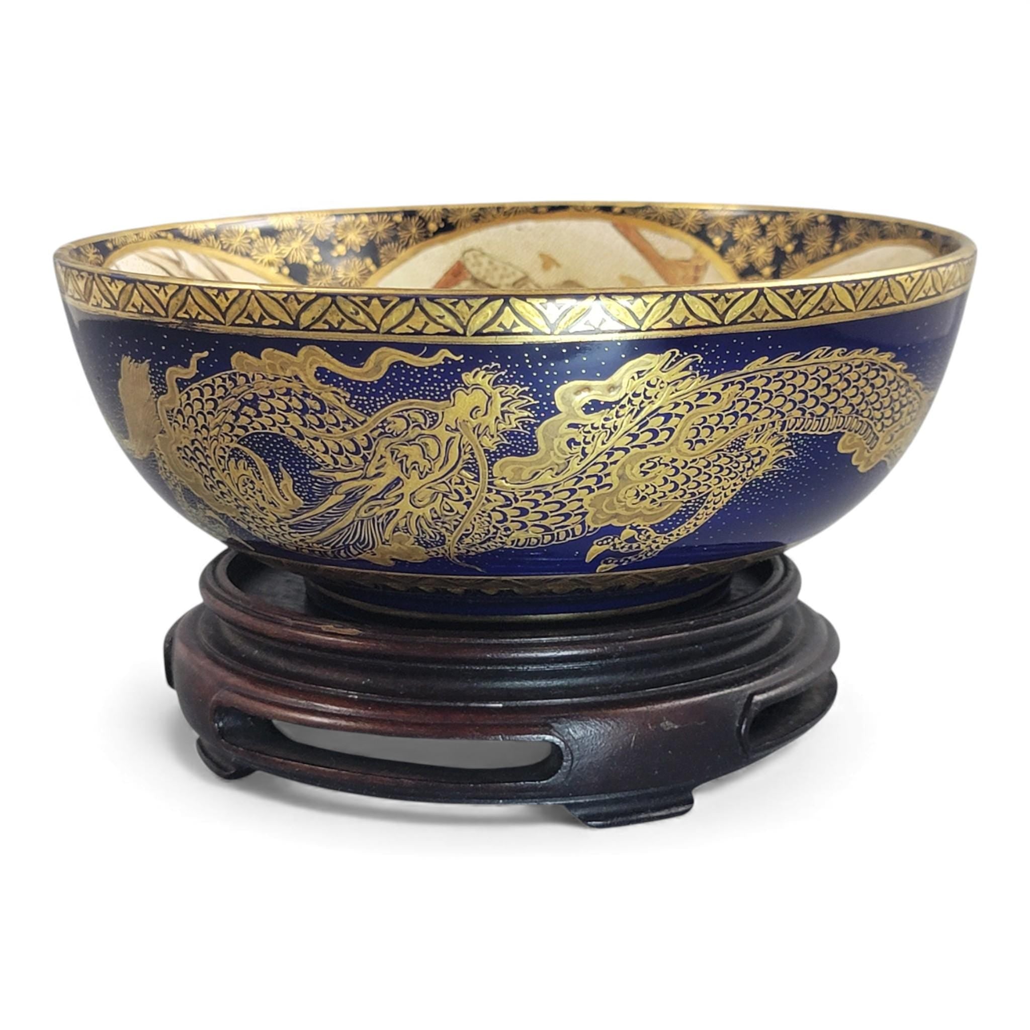 Japanese Satsuma Kyoto dragon bowl, cobalt and gilt, Meiji era