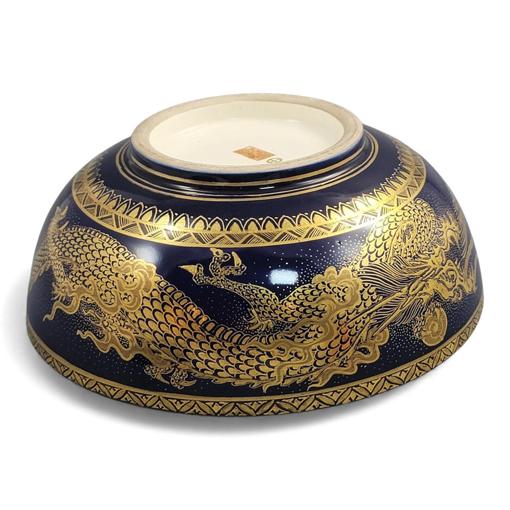 Japanese Satsuma Kyoto dragon bowl, cobalt and gilt, Meiji era