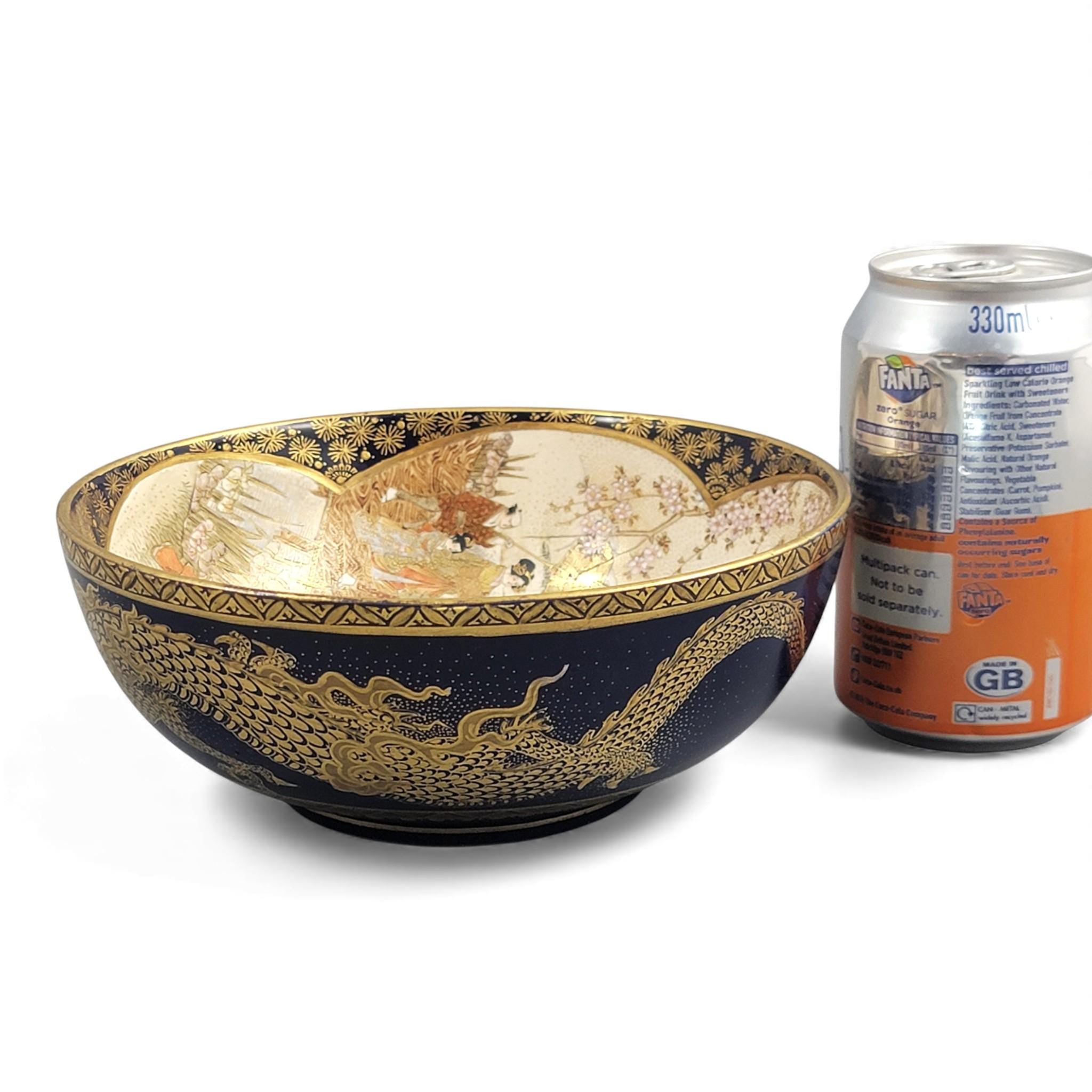 Japanese Satsuma Kyoto dragon bowl, cobalt and gilt, Meiji era