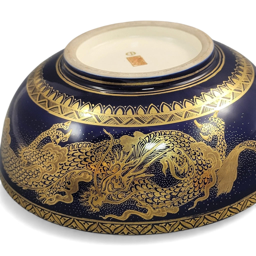 Japanese Satsuma Kyoto dragon bowl, cobalt and gilt, Meiji era