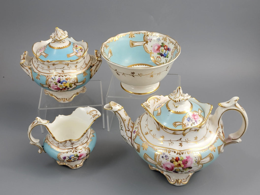 Rare Old Paris Tea Service, Petit Style, Turquoise & Floral, c. 1840