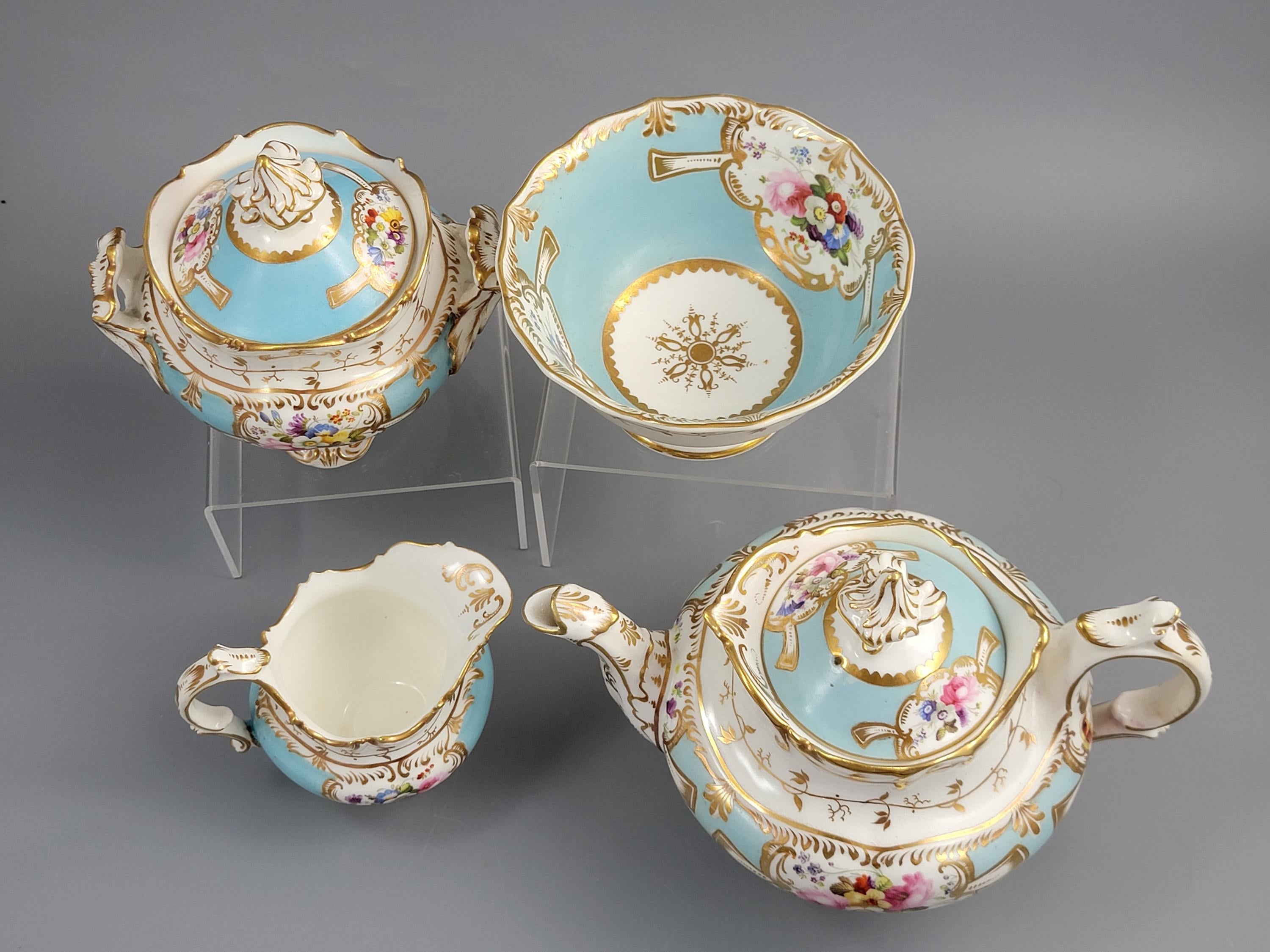 Rare Old Paris Tea Service, Petit Style, Turquoise & Floral, c. 1840