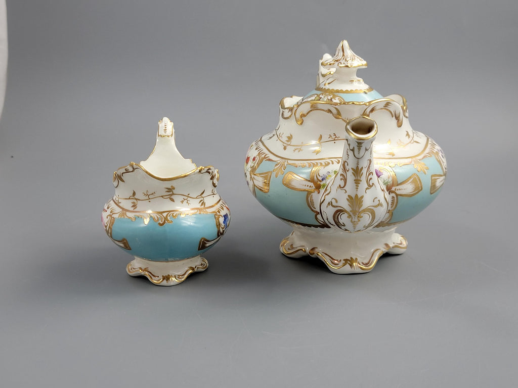 Rare Old Paris Tea Service, Petit Style, Turquoise & Floral, c. 1840