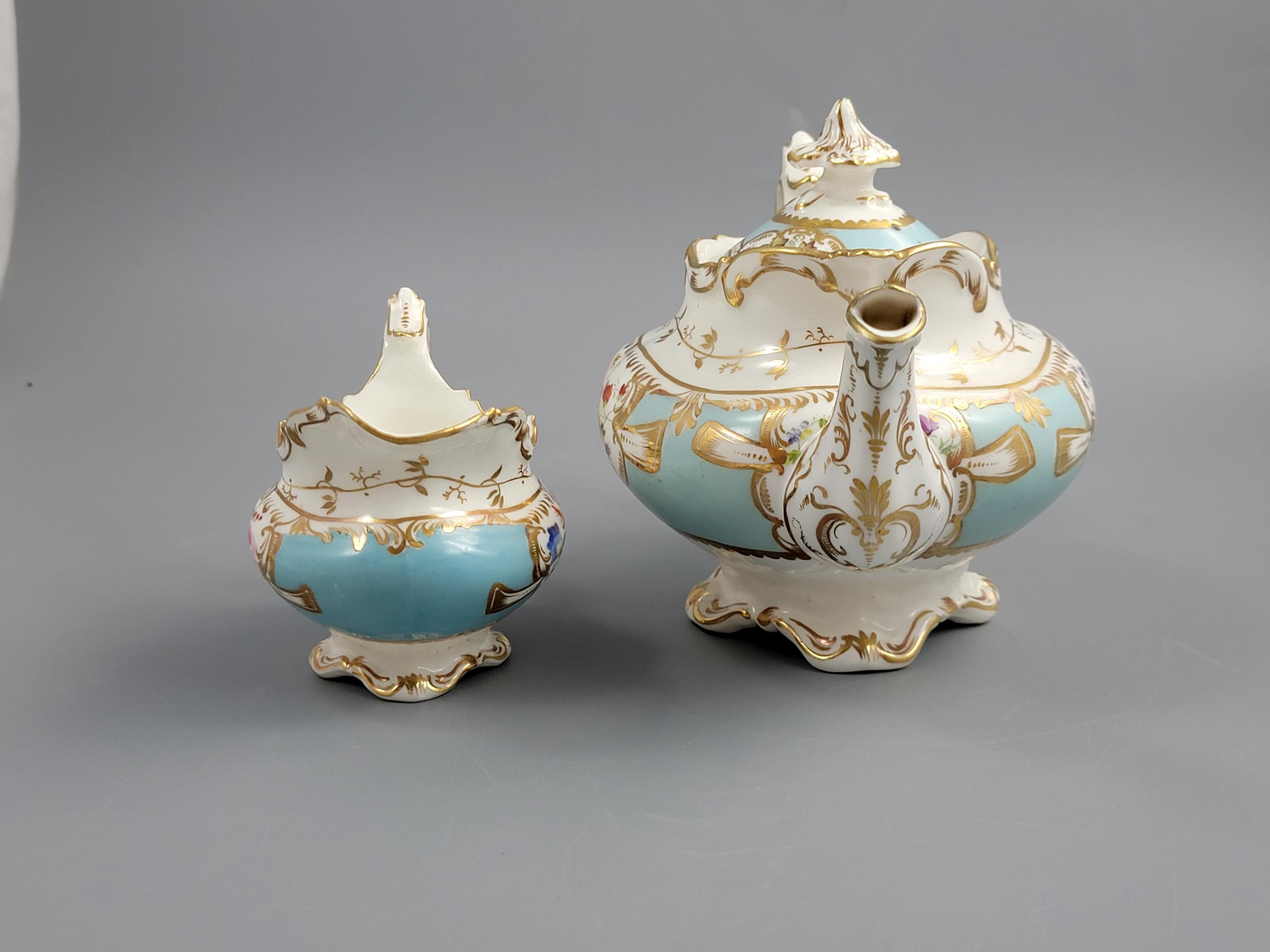 Rare Old Paris Tea Service, Petit Style, Turquoise & Floral, c. 1840
