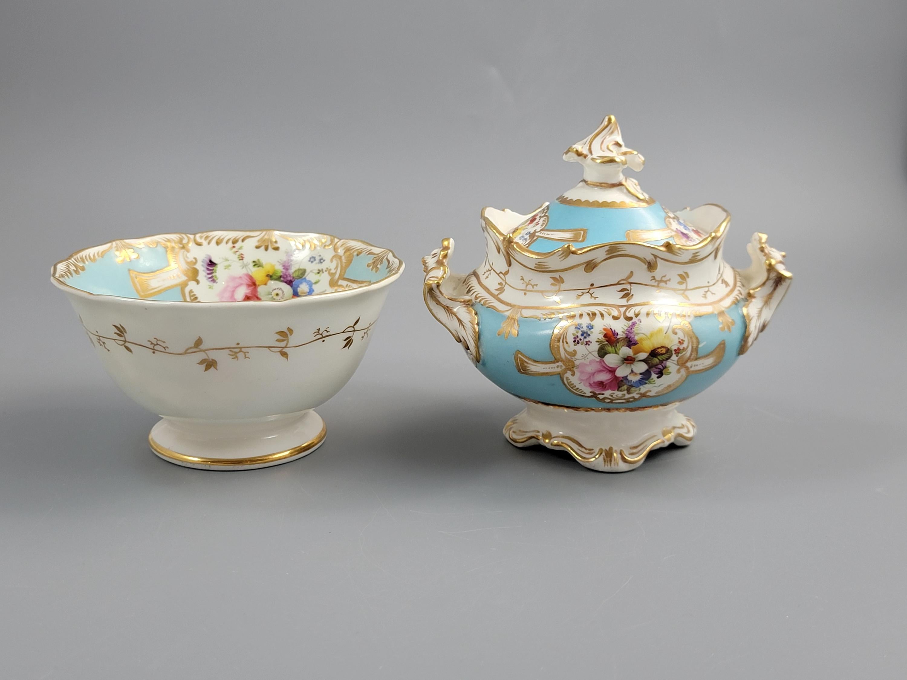 Rare Old Paris Tea Service, Petit Style, Turquoise & Floral, c. 1840
