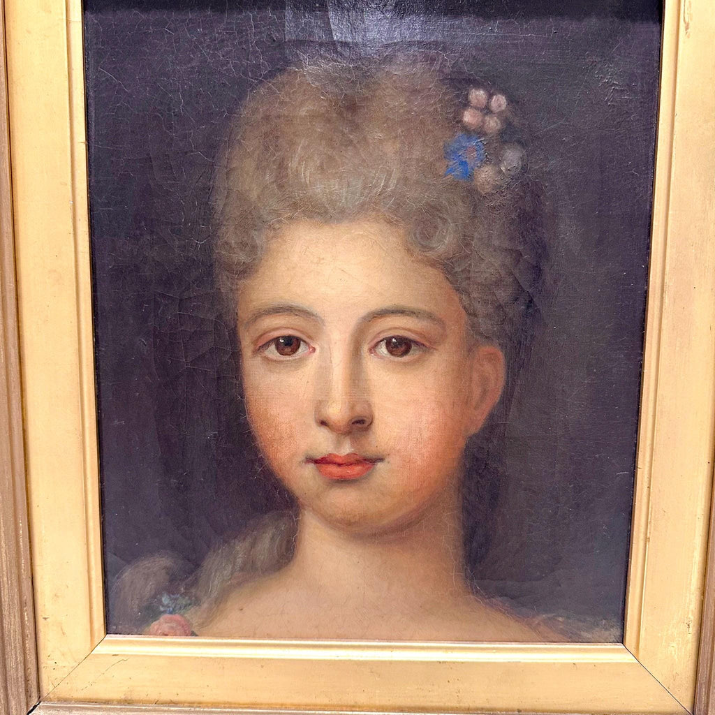 19th-century oil portrait in the style of Jean-Marc Nattier, Rococo revival framed painting