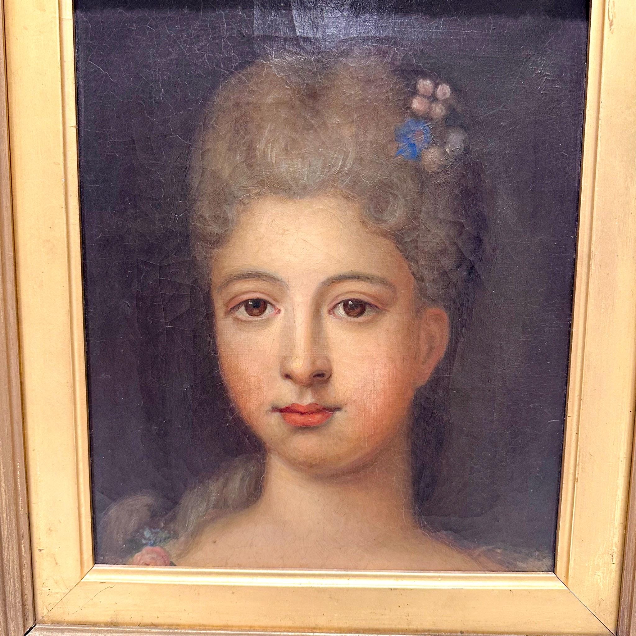 19th-century oil portrait in the style of Jean-Marc Nattier, Rococo revival framed painting