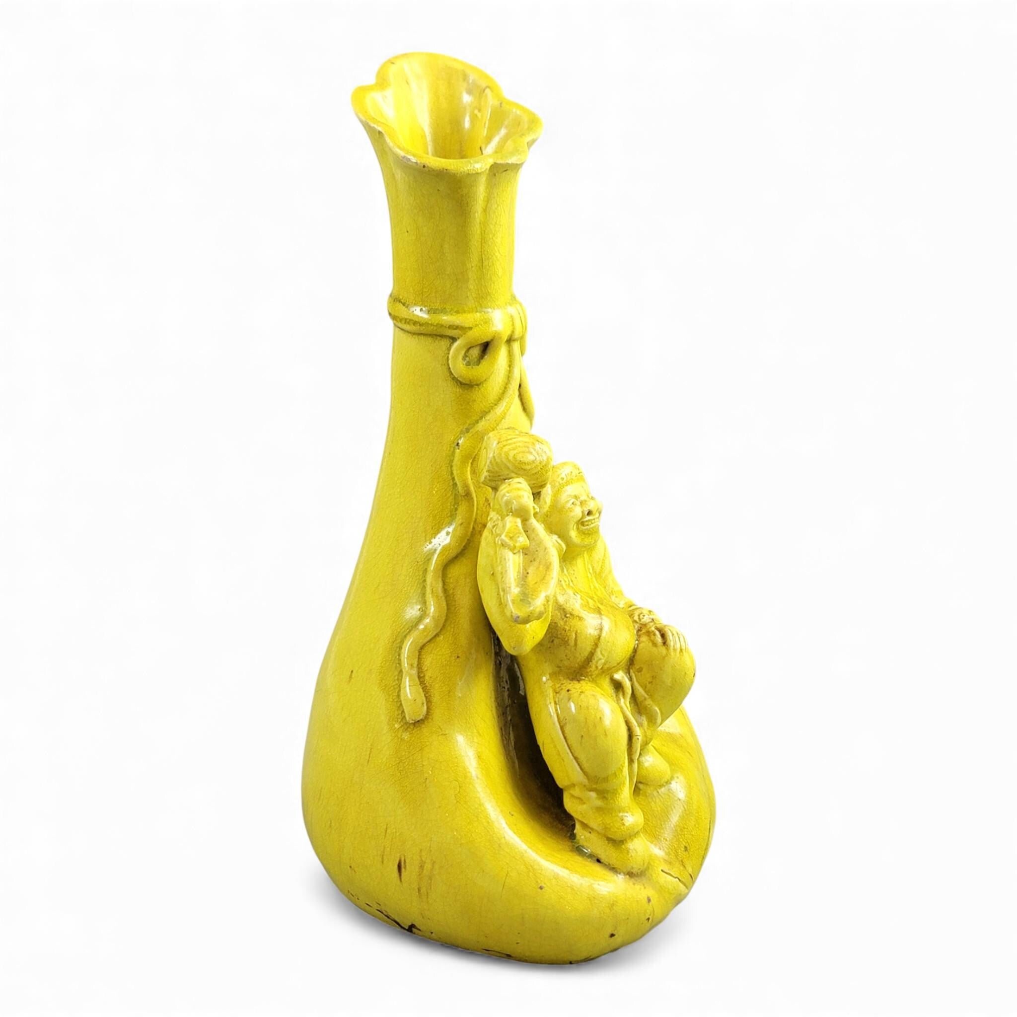 Large antique Shiwan yellow Hotei figure vase, late 19th century, sculptural Chinese ceramic