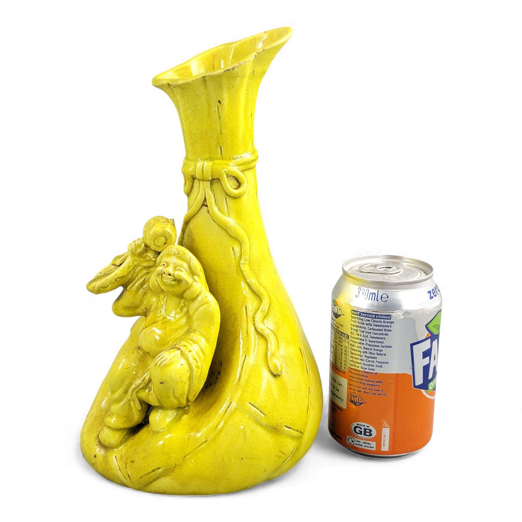 Large antique Shiwan yellow Hotei figure vase, late 19th century, sculptural Chinese ceramic