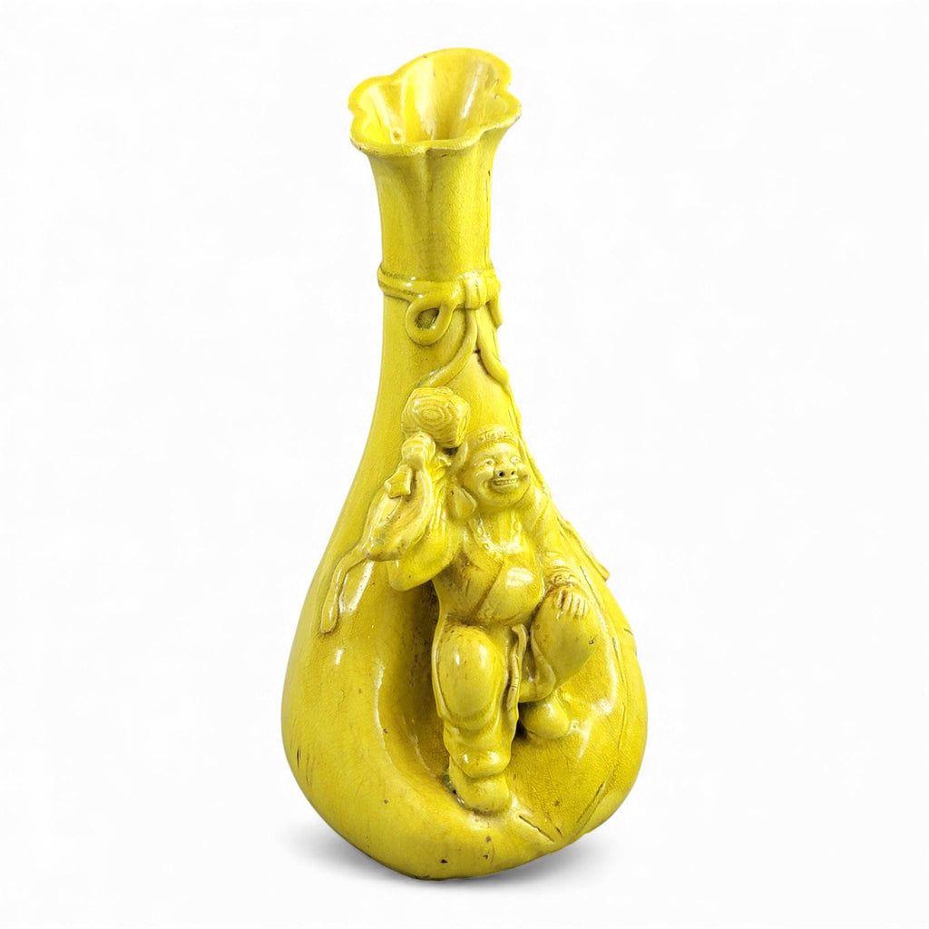 Large antique Shiwan yellow Hotei figure vase, late 19th century, sculptural Chinese ceramic