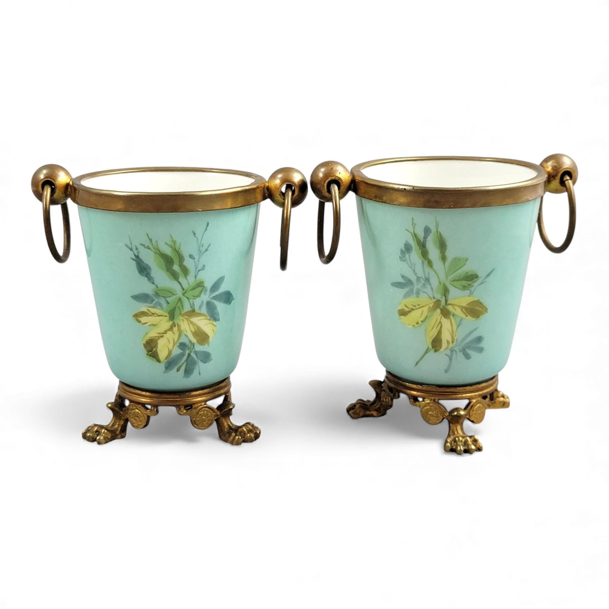 Old Paris turquoise cache-pots with bronze mounts c.1835–1850, French decorative pair