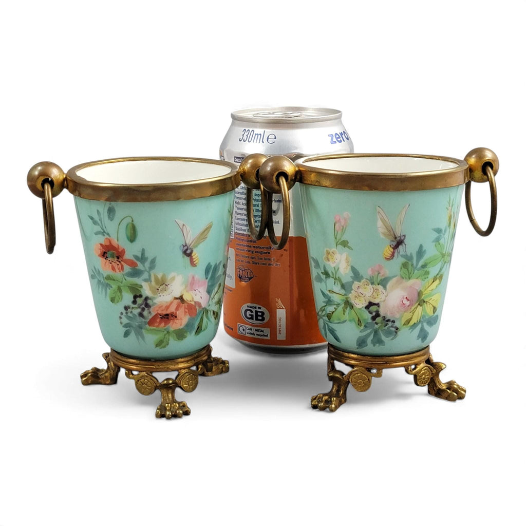 Old Paris turquoise cache-pots with bronze mounts c.1835–1850, French decorative pair