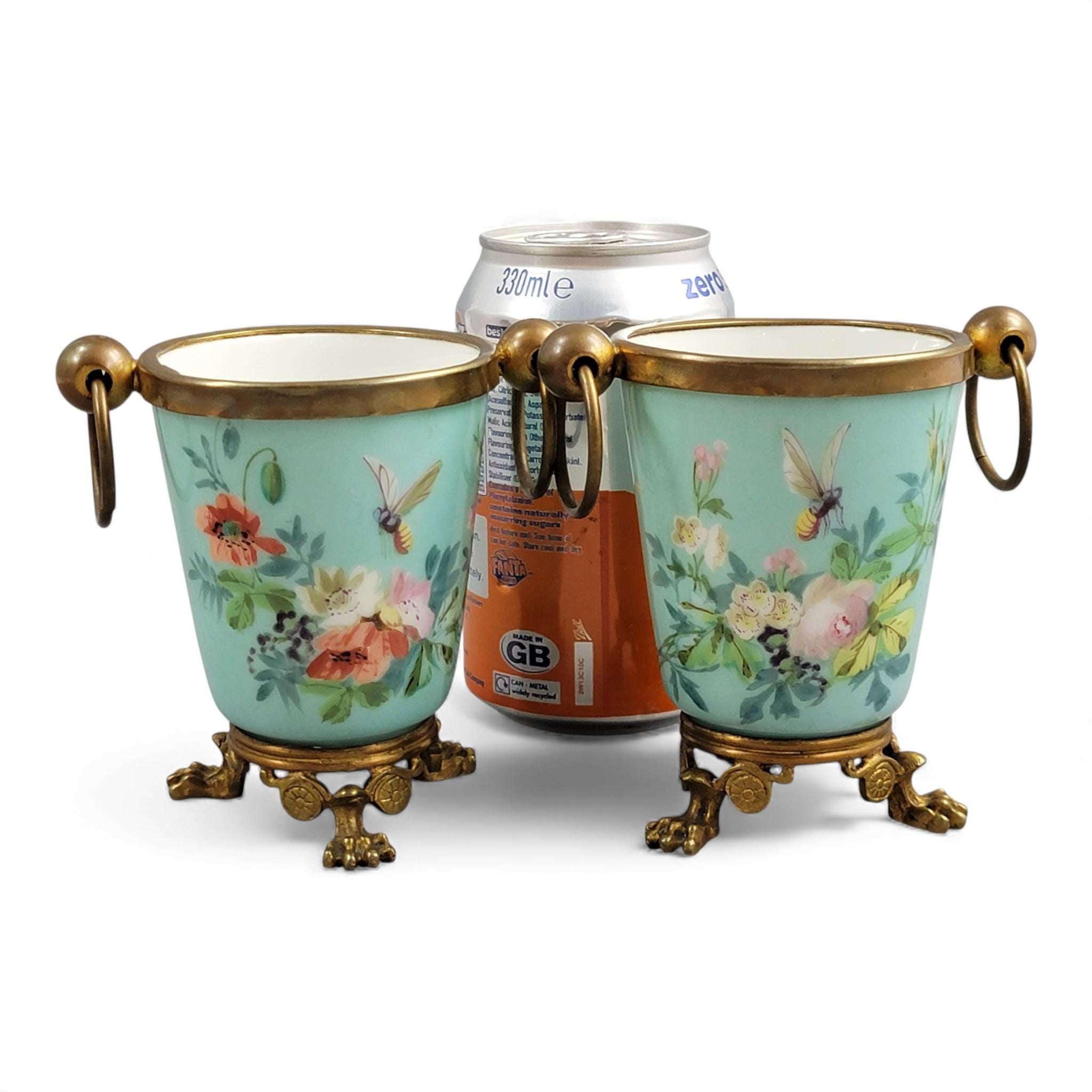 Old Paris turquoise cache-pots with bronze mounts c.1835–1850, French decorative pair