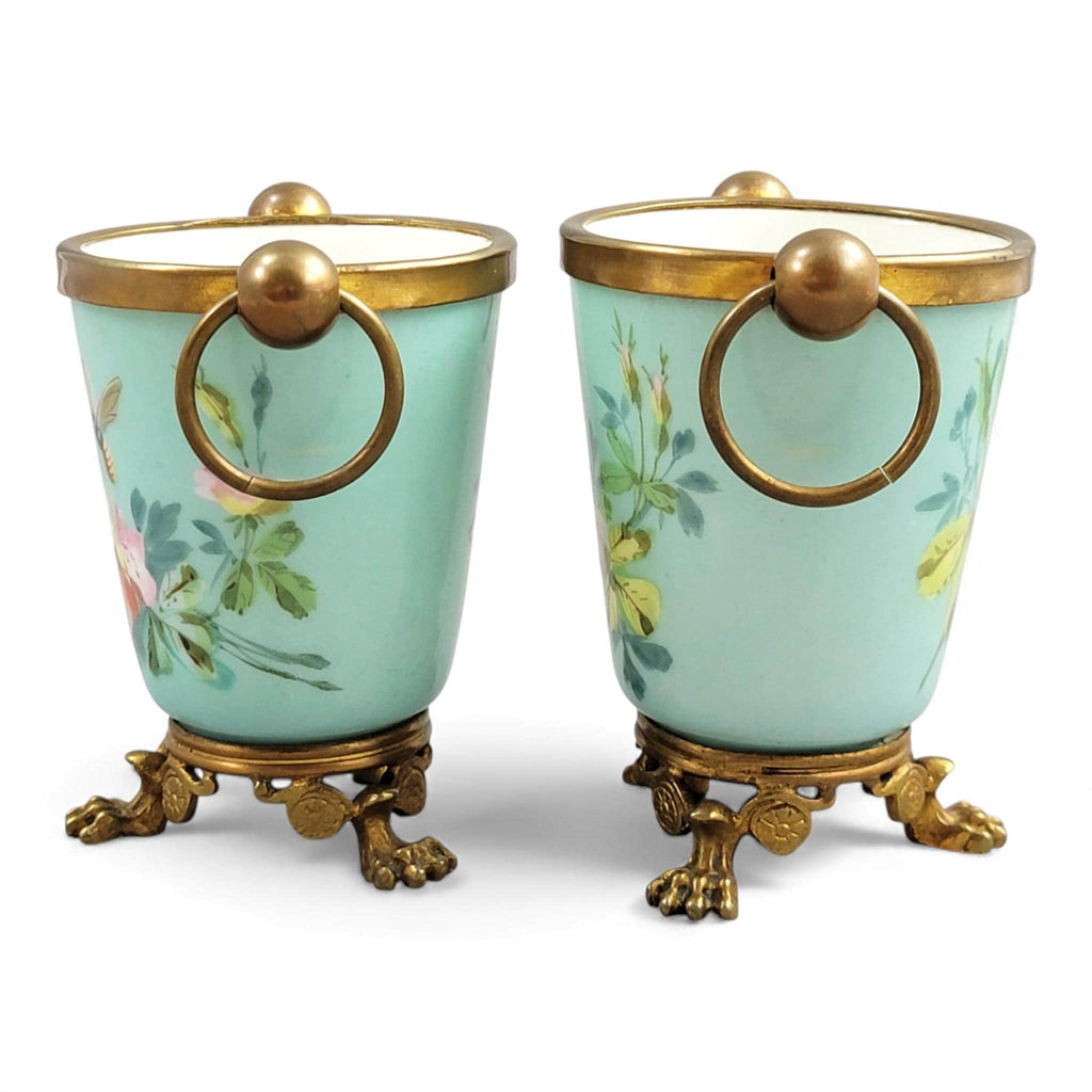 Old Paris turquoise cache-pots with bronze mounts c.1835–1850, French decorative pair