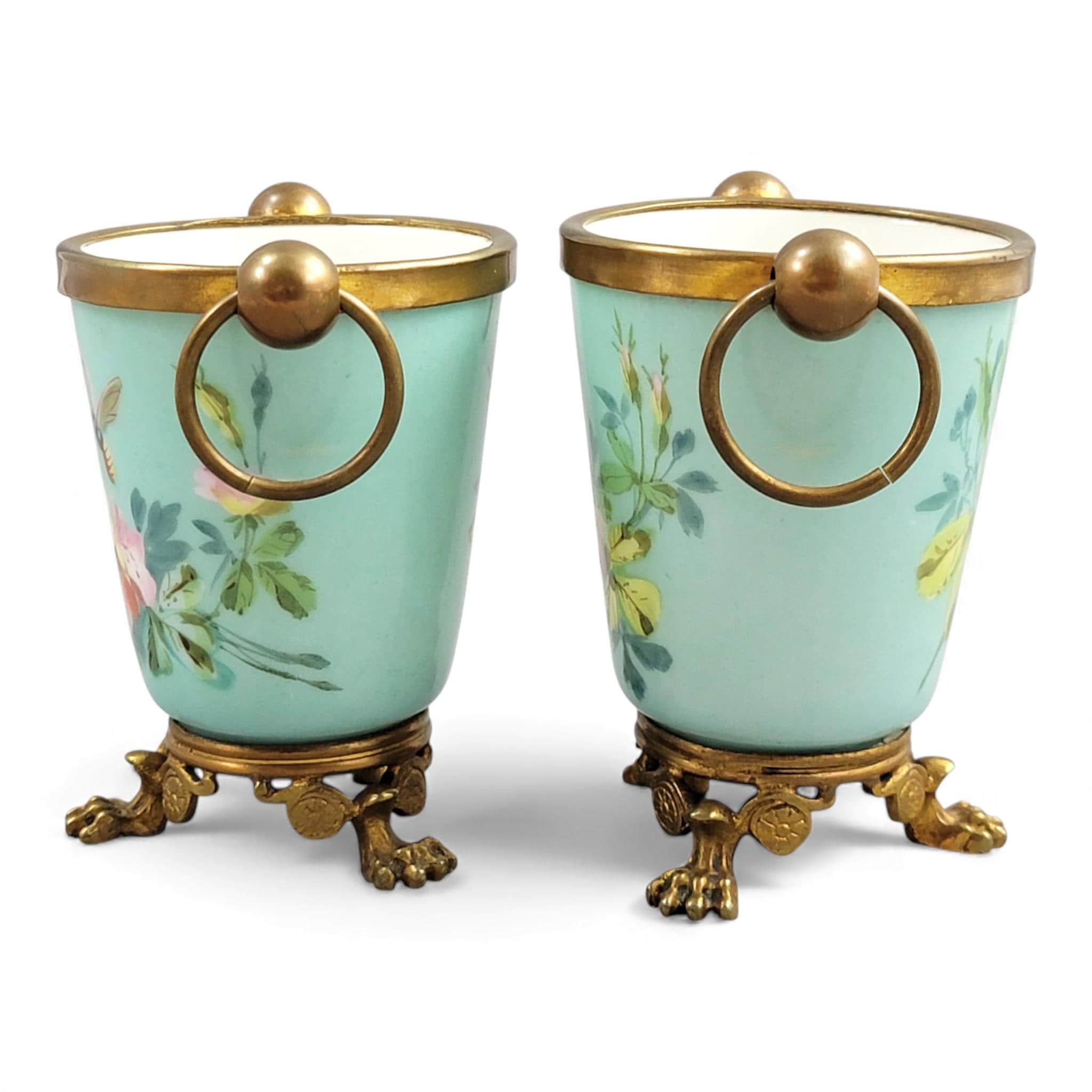 Old Paris turquoise cache-pots with bronze mounts c.1835–1850, French decorative pair