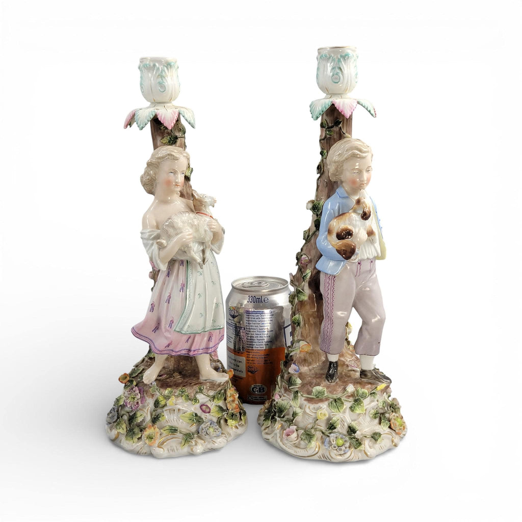 Antique Sitzendorf porcelain figural candlesticks with boy and girl, Germany c.1890
