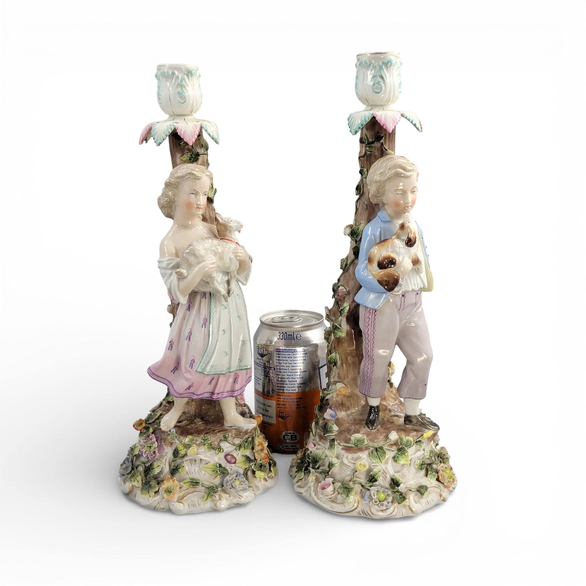 Antique Sitzendorf porcelain figural candlesticks with boy and girl, Germany c.1890