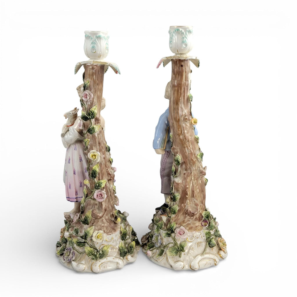 Antique Sitzendorf porcelain figural candlesticks with boy and girl, Germany c.1890