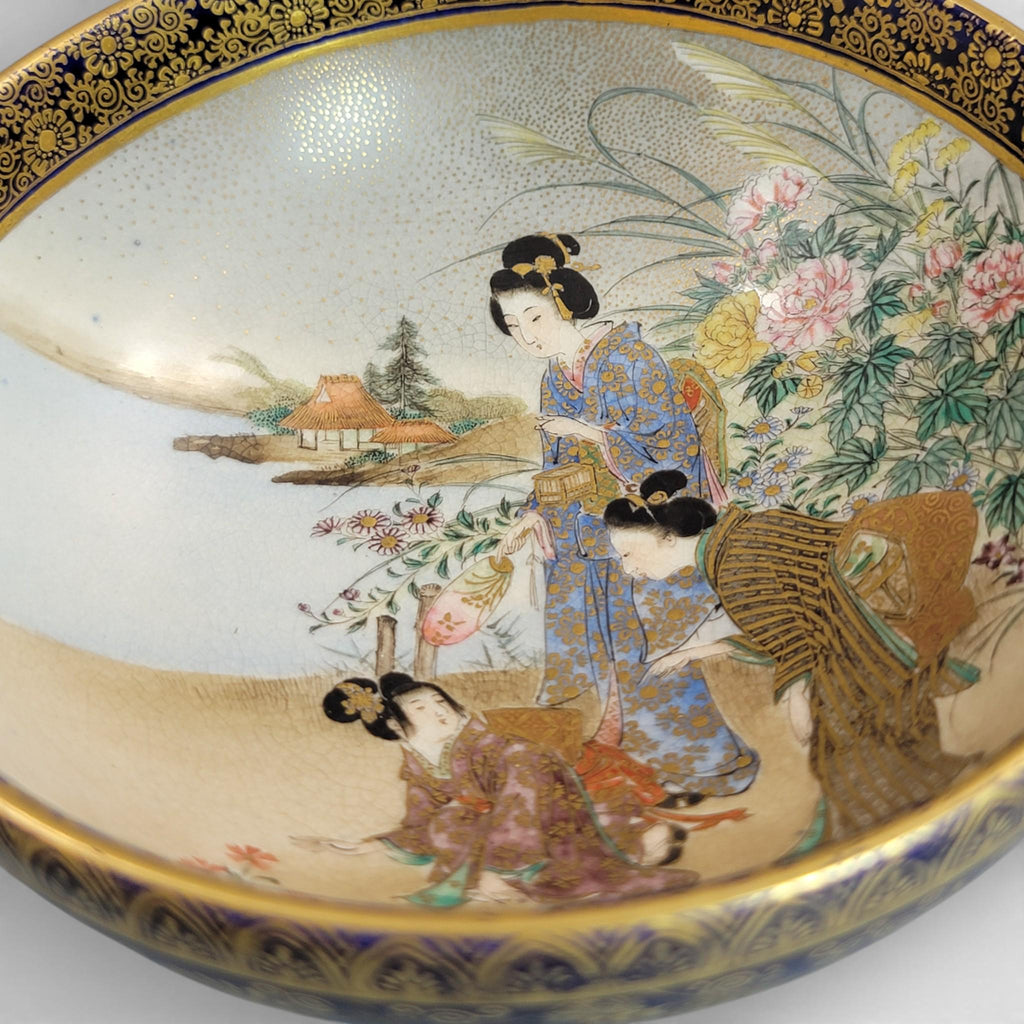 Antique Kinkozan Kyoto Satsuma bowl c.1880, cobalt blue & gold, signed