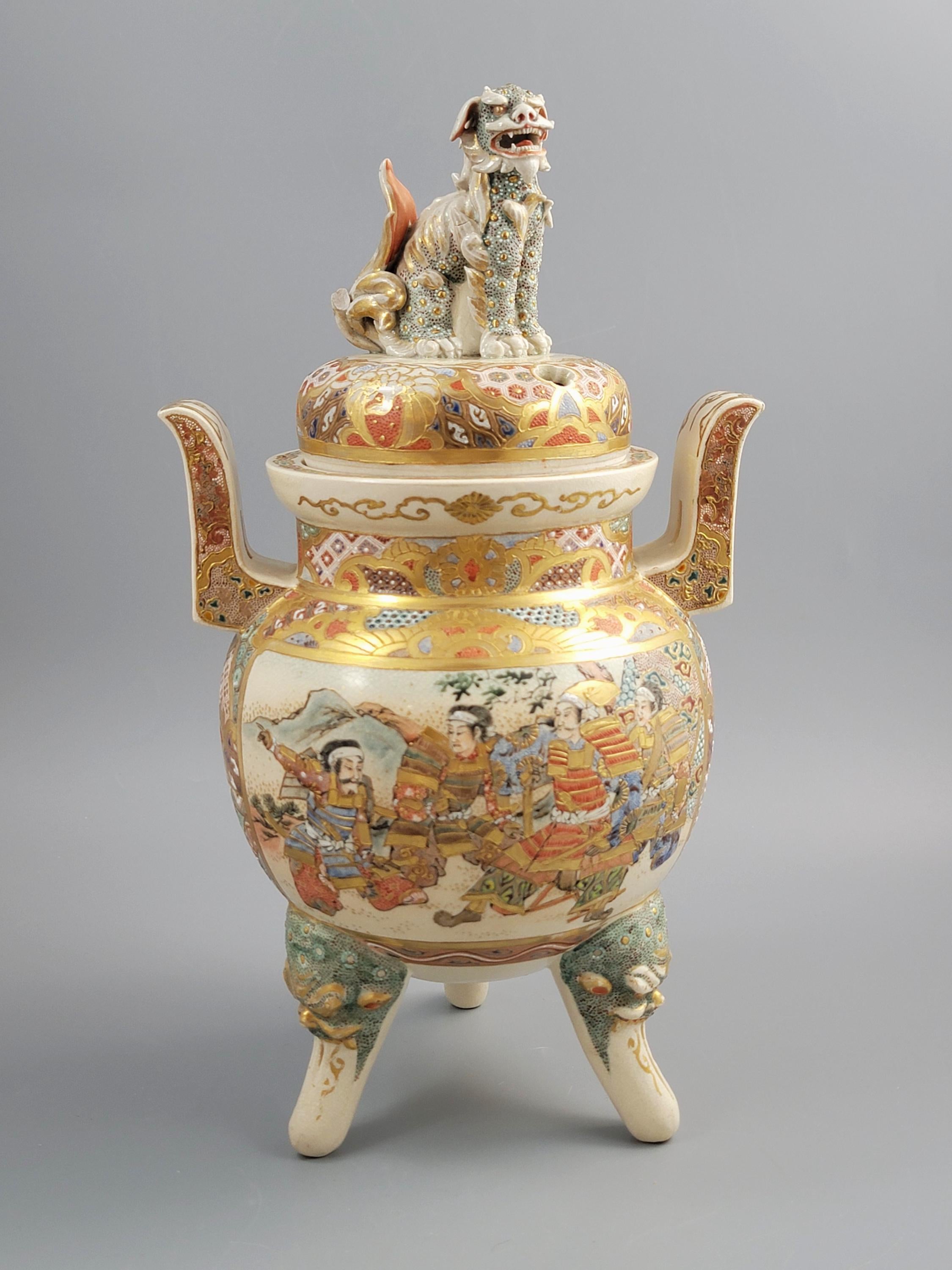 Outstanding Kyoto Satsuma Koro, Meiji c.1895, Shi-Shi Lion, Moriage, 34cm